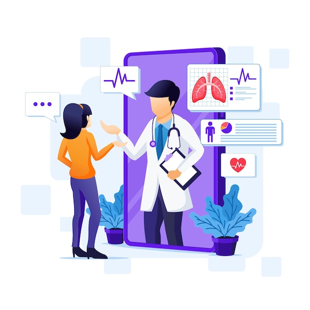 Ilustração do conceito de consulta médica on-line e da assistência de saúde on-line