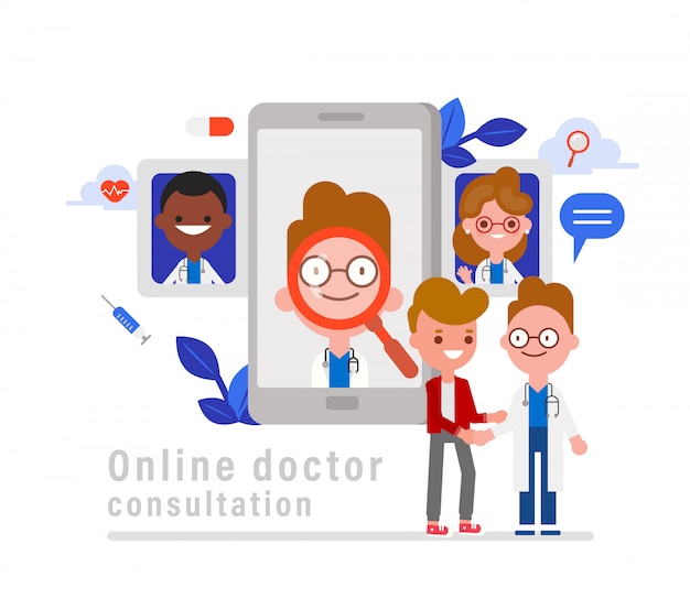 Vetor ilustração do conceito de consulta médica on-line. paciente que encontra um médico profissional on-line em um smartphone. desenho vetorial estilo design plano.