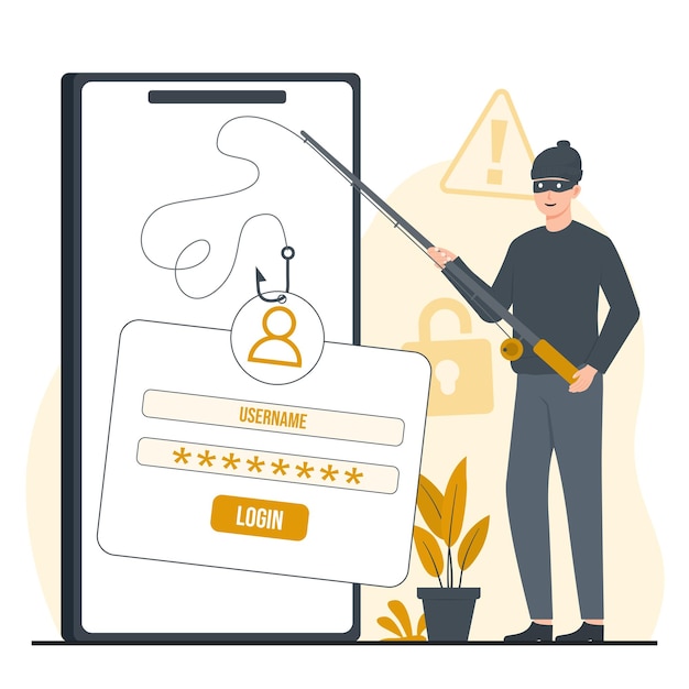 Ilustração do conceito de conta de phishing Crime cibernético Ataque de hacker de senha Roubo de dados pessoais