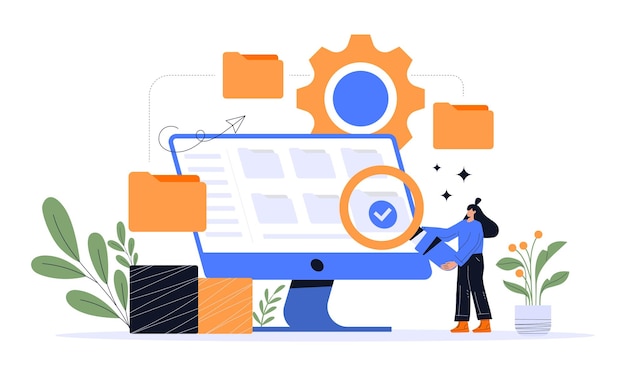 Ilustração do conceito de gerenciamento de arquivos Conceito moderno de serviço de armazenamento de documentos on-line do sistema de gerenciamento de arquivos Ilustração vetorial