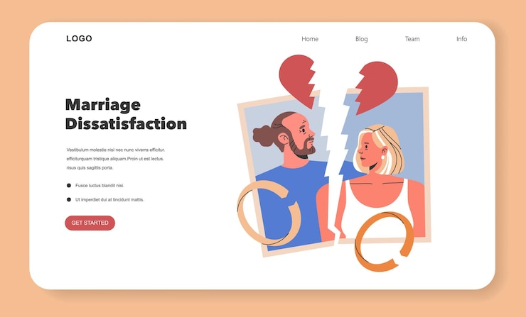 Vetor ilustração do conceito de insatisfação matrimonial de um casal com um símbolo de coração partido dividindo seu