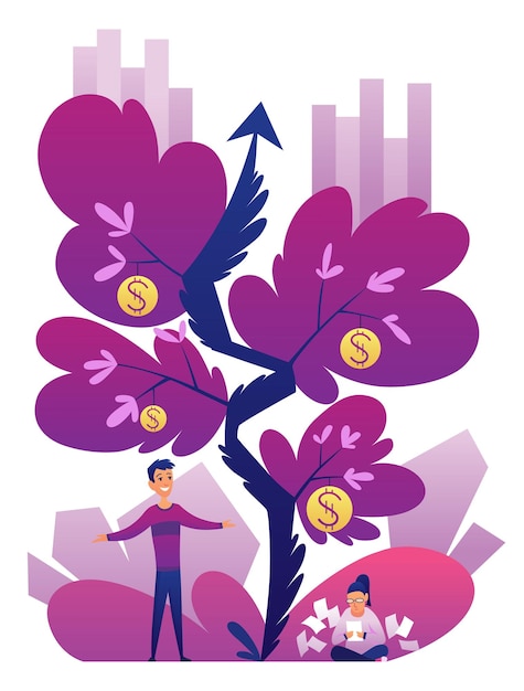 Ilustração do conceito de investimento ganhos de capital royalties de renda de investimentos vetor violeta vibrante brilhante metáfora de receita e renda
