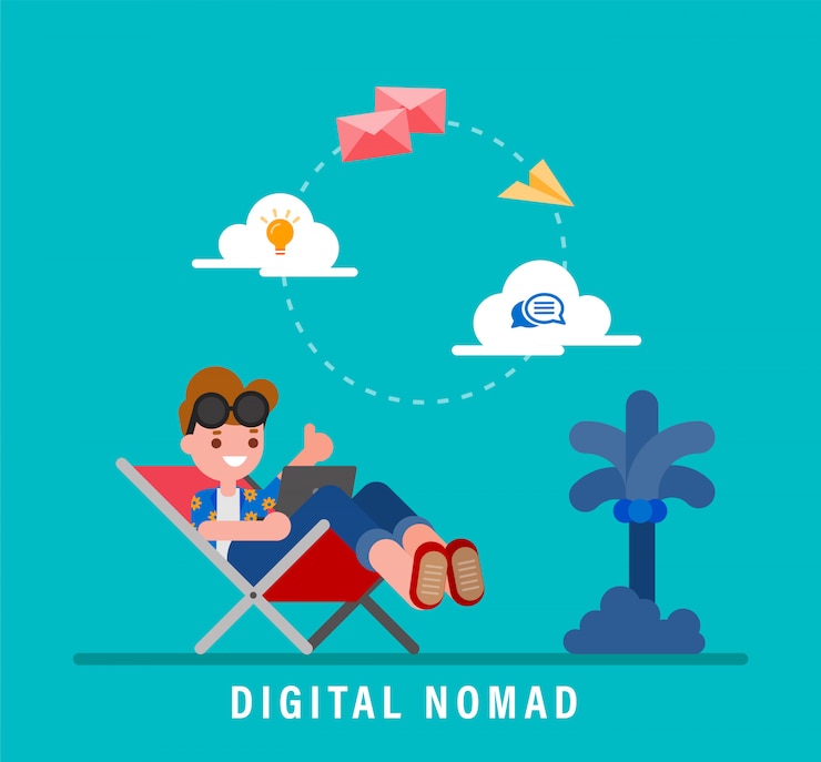 Vetor ilustração do conceito de nômades digitais. jovem adulto trabalhando com laptop enquanto estava de férias. trabalhe de qualquer lugar. personagem de desenho animado design plano de vetor.