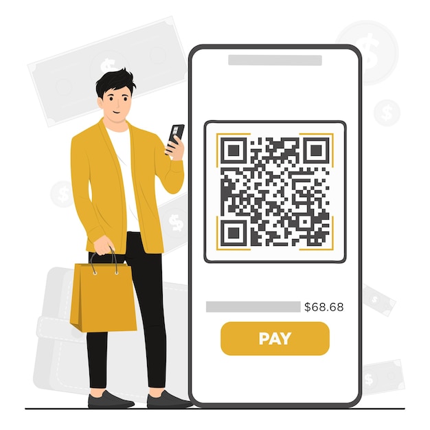 Ilustração do conceito de pagamento digital por escaneamento de código QR de pagamento on-line de vetor plano