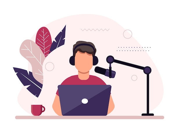 Ilustração do conceito de podcast. Podcaster masculino falando com podcast de gravação de microfone no estúdio.