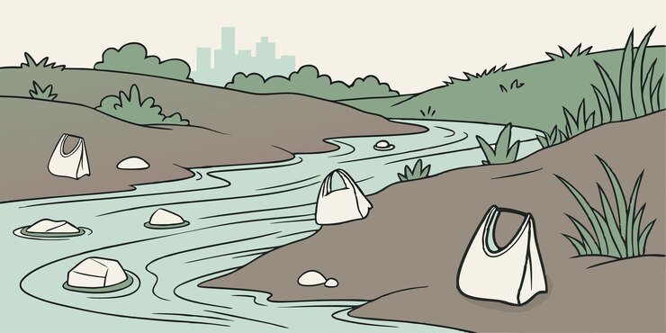Vetor ilustração do conceito de poluição da água dos rios por sacos de plástico