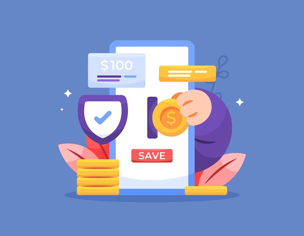 Ilustração do conceito de poupança e investimento digital ou poupança em aplicações móveis