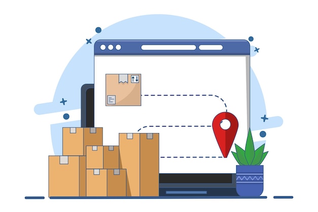 Ilustração do conceito de rastreamento de entrega logística de caixas de carga ou rastreamento da rota de entrega da encomenda