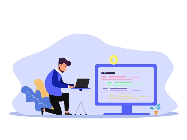 Ilustração do conceito de vetor plano de personagem trabalhando com laptop