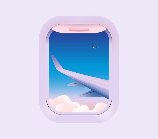 Ilustração do conceito de viagem com vista da janela do avião para a asa do avião no céu estrelado