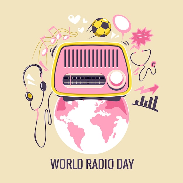 Ilustração do conceito do dia mundial do rádio. rádio vintage com todos os tipos de entretenimento e notícias ao redor do mundo