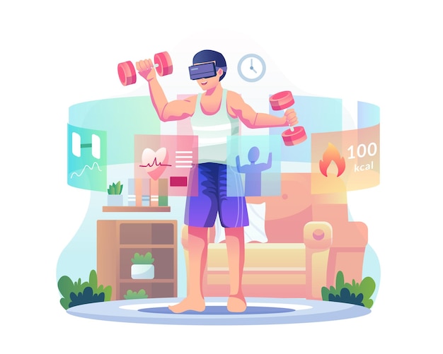 Ilustração do conceito vr sports com um homem usando óculos vr levantando uma barra no simulator fitness