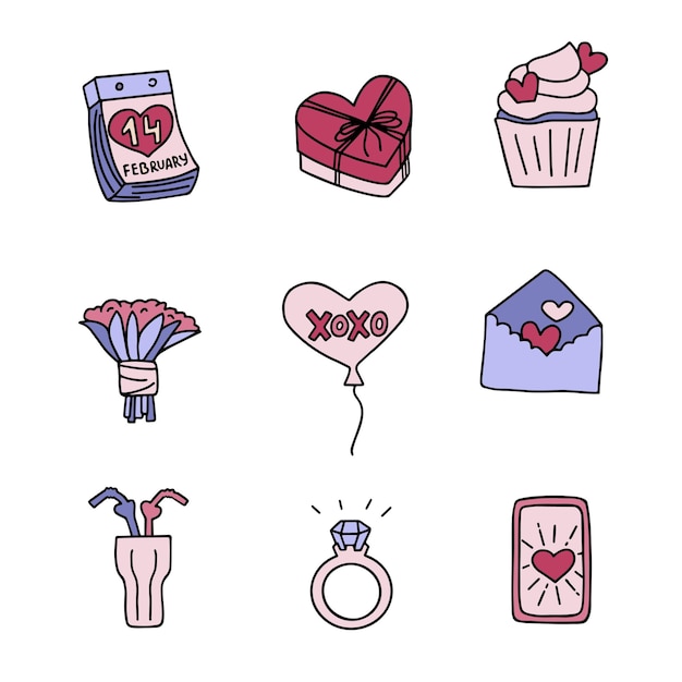 Ilustração do conjunto de elementos do dia dos namorados. coleção de símbolos de amor. sinais de amantes.