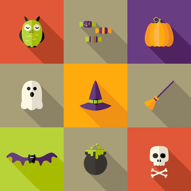 Ilustração do conjunto de ícones planos quadrados de halloween 2