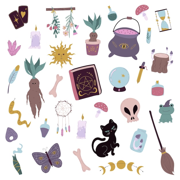 Ilustração do conjunto de inventário de bruxa Doodle elementos de alquimia esotérica de bruxa de magia e bruxaria
