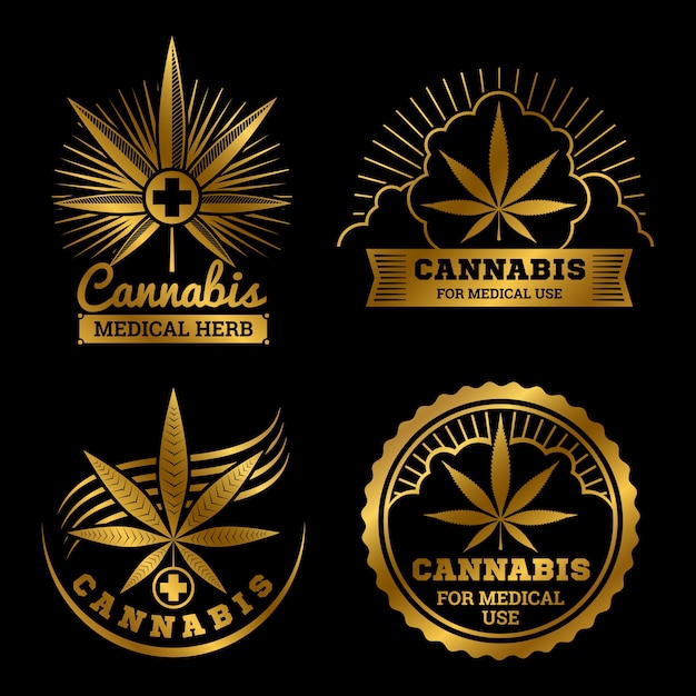 Ilustração do conjunto de logotipos médicos gold cannabis