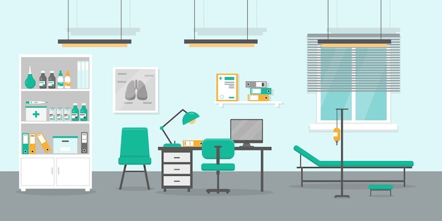 Ilustração do consultório médico. Interior da sala de consulta médica.