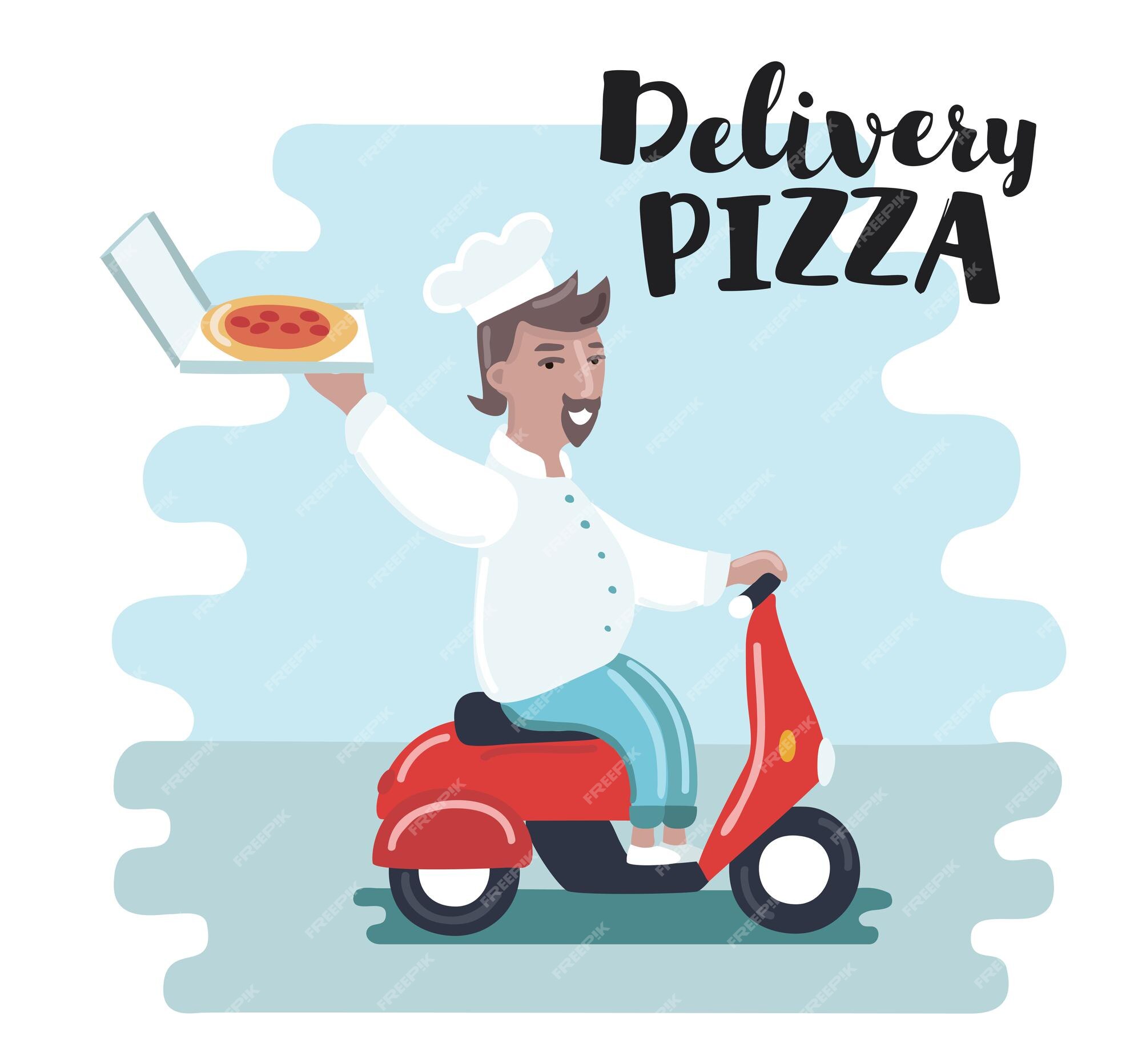 ilustração em vetor plana entrega pizza. homem dirigindo scooter com  personagem de desenho animado de pacote de comida, isolado no fundo branco. motoboy  motoboy, entregando pedido de restaurante pizzaria 4461987 Vetor no