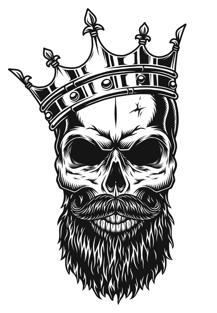 Vetor ilustração do crânio preto e branco na coroa com barba