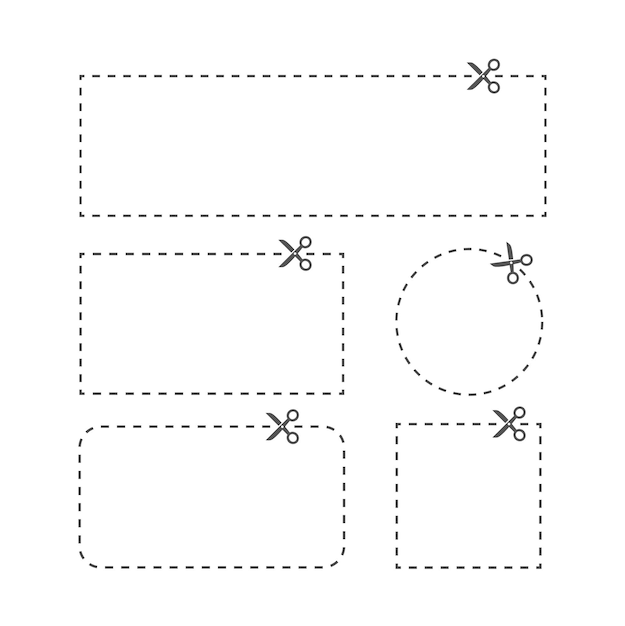 Ilustração do cupom recortado com linha tracejada e tesoura formato diferente em branco bordas do cupom branco cupom de publicidade cortado de uma folha de papel