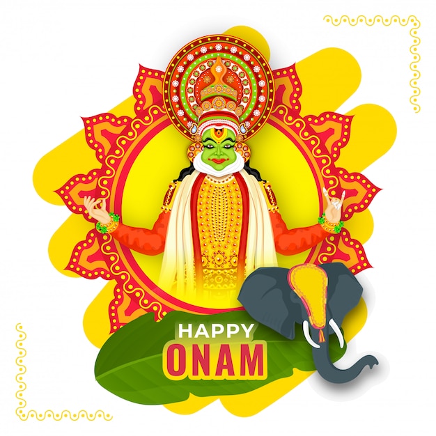 Ilustração do dançarino de kathakali com cara do elefante e folha da banana em mandala frame amarela e vermelha para a celebração feliz de onam.