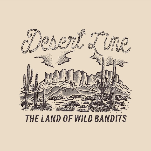 Vetor ilustração do deserto paisagem gráfica cactus design crachá ao ar livre vintage desenhado à mão natural