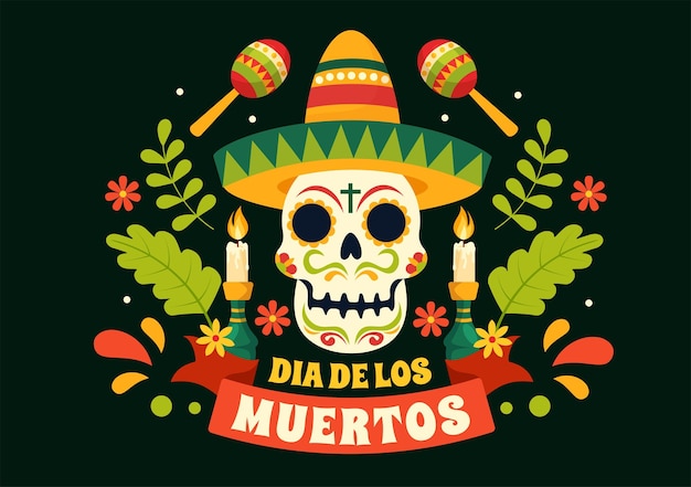 Ilustração do dia de muertos com esqueleto musical do dia dos mortos em traje mexicano e sombrero