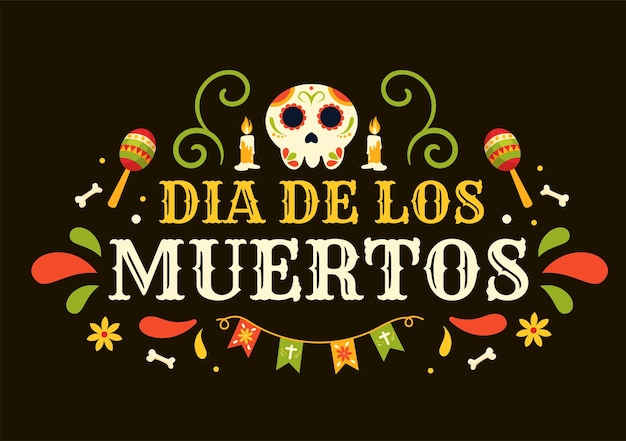 Ilustração do dia de muertos com esqueleto musical do dia dos mortos em traje mexicano e sombrero