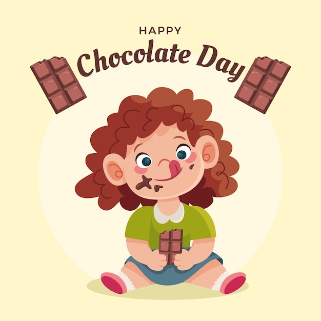 Ilustração do dia do chocolate do mundo plano com criança desfrutando de chocolate