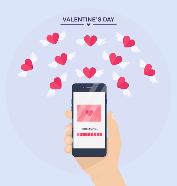 Ilustração do dia dos namorados. Envie ou receba amor sms, carta, e-mail com o celular. Mão humana segurar o celular no fundo. Envelope, voando com um coração vermelho com asas.