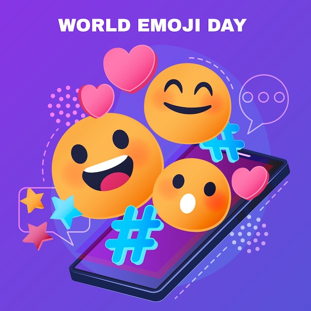 Ilustração do dia emoji mundial gradiente com emoticons e smartphone