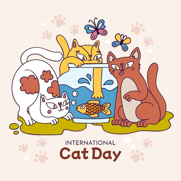 Vetor ilustração do dia internacional do gato desenhada à mão