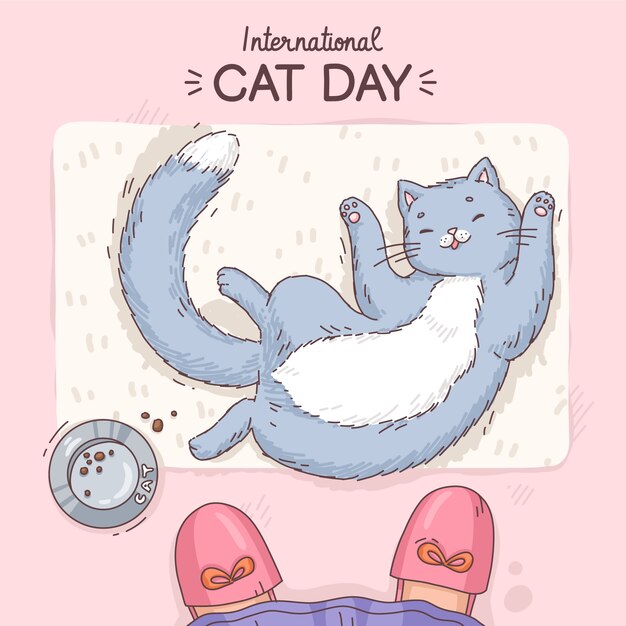 Ilustração do dia internacional do gato desenhada à mão