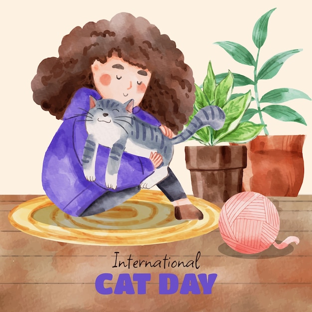 Ilustração do dia internacional do gato em aquarela com mulher abraçando gato