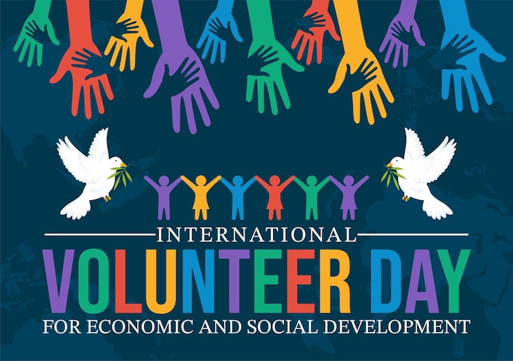 Vetor ilustração do dia internacional do voluntário para o desenvolvimento econômico e social com mãos e pombos