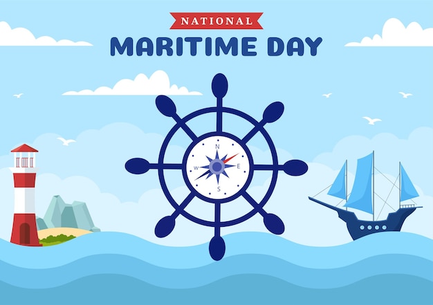Vetor ilustração do dia marítimo mundial com mar e navio em celebração náutica azul modelos desenhados à mão