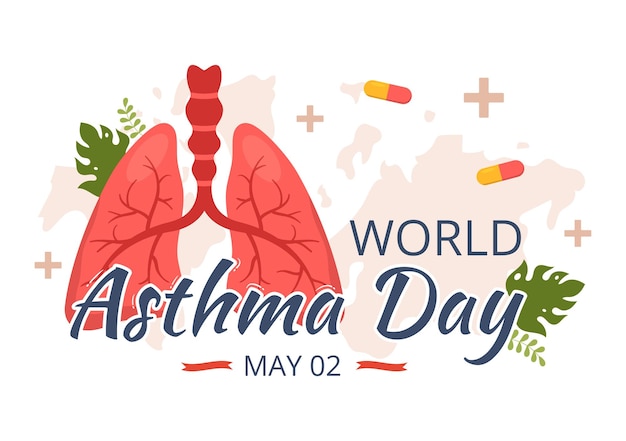 Ilustração do dia mundial da asma com inalador e pulmões de prevenção de saúde em modelos desenhados à mão