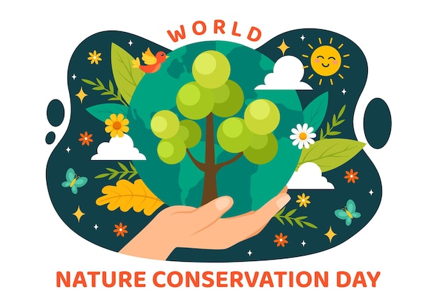 Ilustração do dia mundial da conservação da natureza com árvores e ecologia ecológica para a preservação