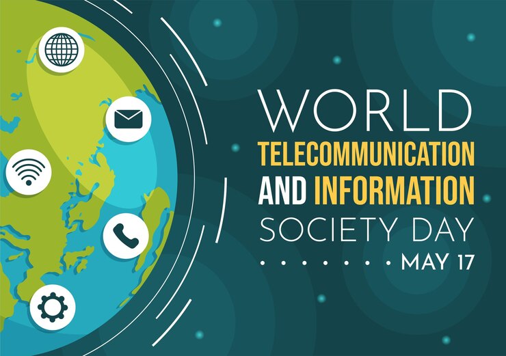 Vetor ilustração do dia mundial das telecomunicações e da sociedade da informação com rede de comunicações através