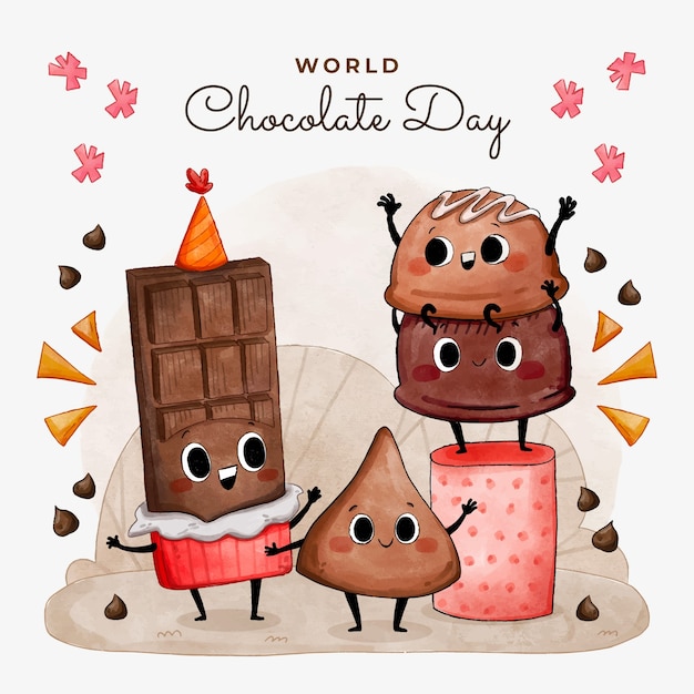 Vetor ilustração do dia mundial do chocolate em aquarela com doces de chocolate comemorando