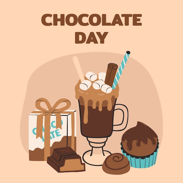 Vetor ilustração do dia mundial do chocolate plana com guloseimas de chocolate