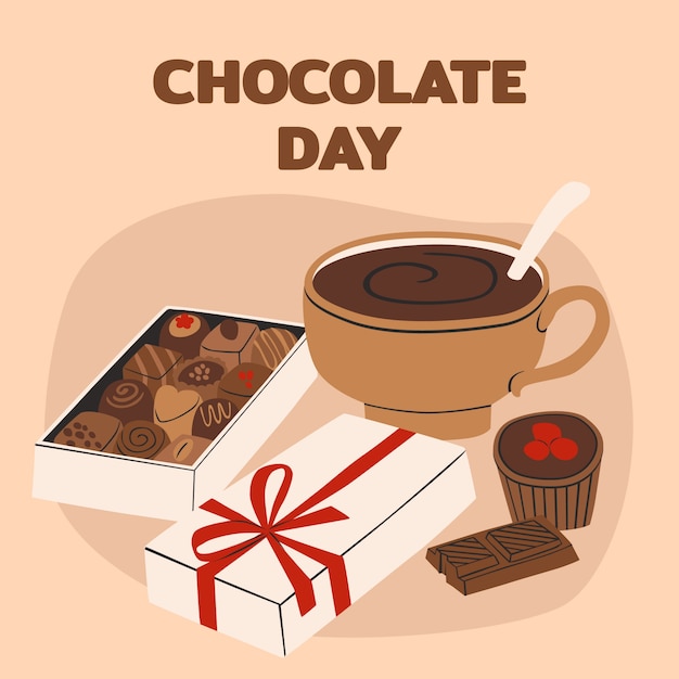 Ilustração do dia mundial do chocolate plana com guloseimas de chocolate