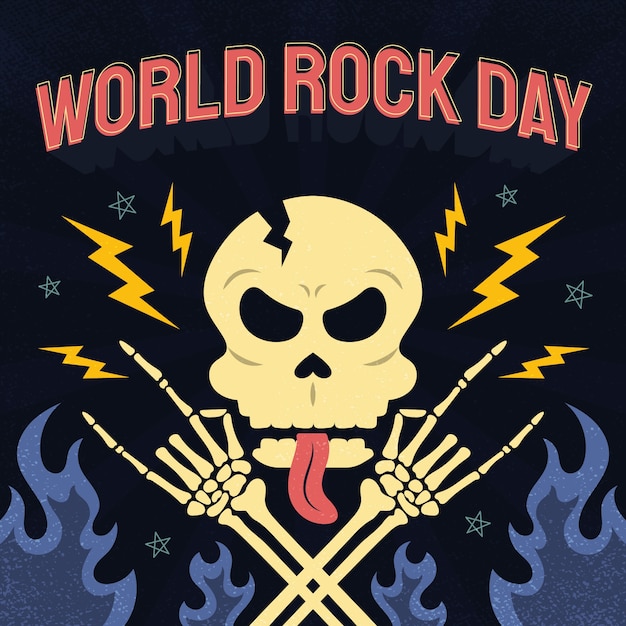 Ilustração do dia mundial do rock plano com esqueleto