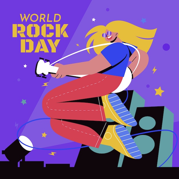 Ilustração do dia mundial do rock plano com músico tocando guitarra