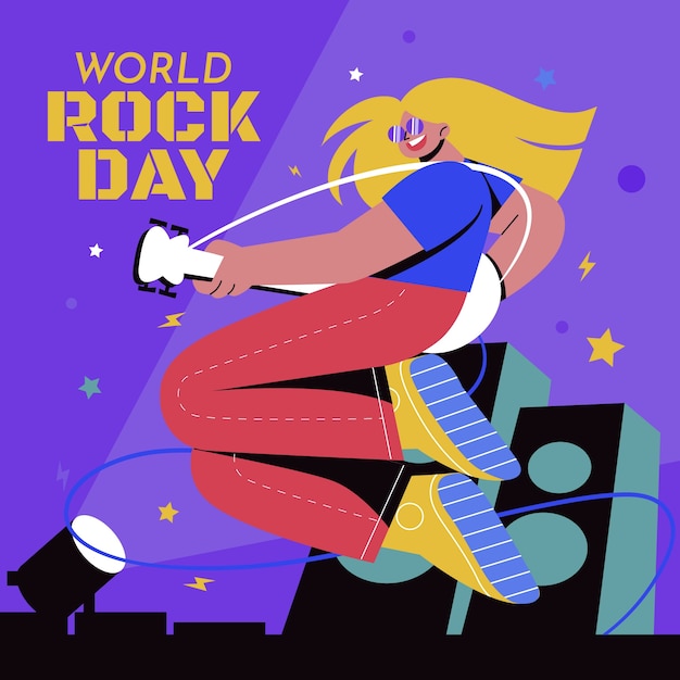 Vetor ilustração do dia mundial do rock plano com músico tocando guitarra