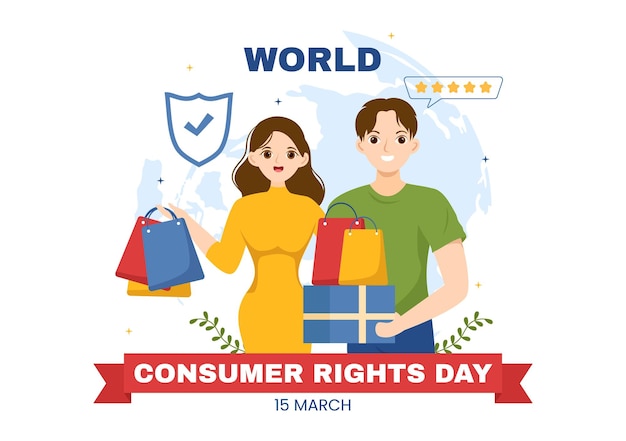 Vetor ilustração do dia mundial dos direitos do consumidor com compras e necessidades dos consumidores para o modelo de banner da web