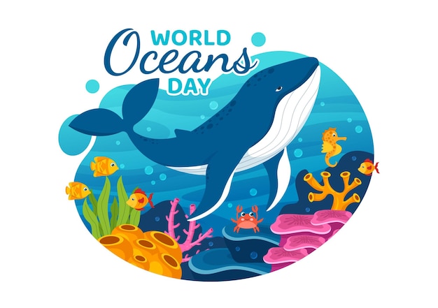 Ilustração do Dia Mundial dos Oceanos para ajudar a proteger e conservar o oceano ou a planta marinha no modelo desenhado à mão