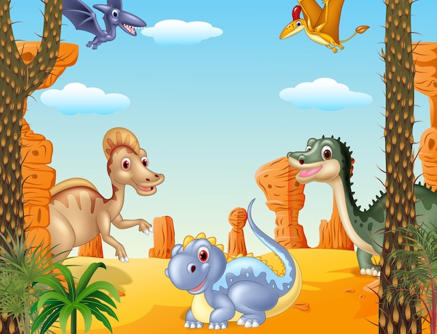 Desenhos animados dinossauros felizes com vulcão, Vetor Premium