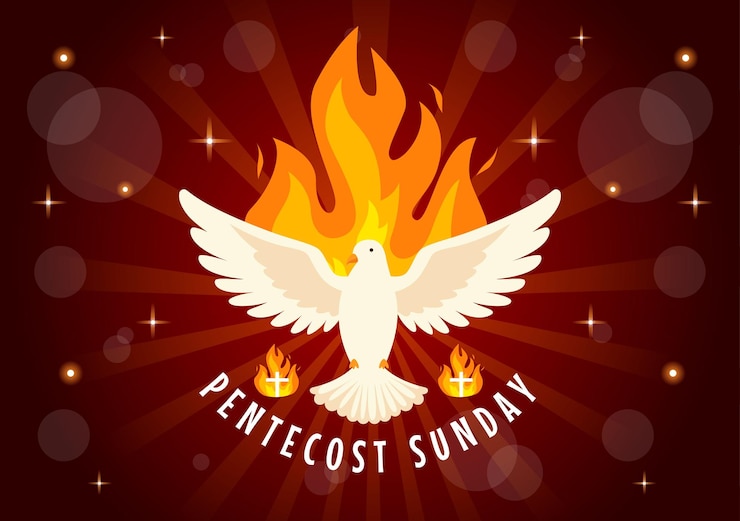 Vetor ilustração do domingo de pentecostes com chama e pomba do espírito santo em católicos ou cristãos religiosos