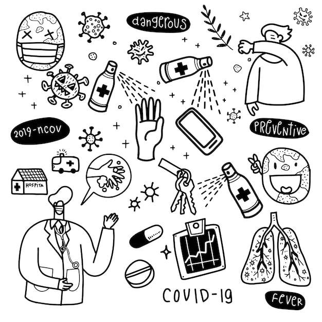 Ilustração do doodle bonito para o vírus da coroa covid-19, ilustração de mão desenhada